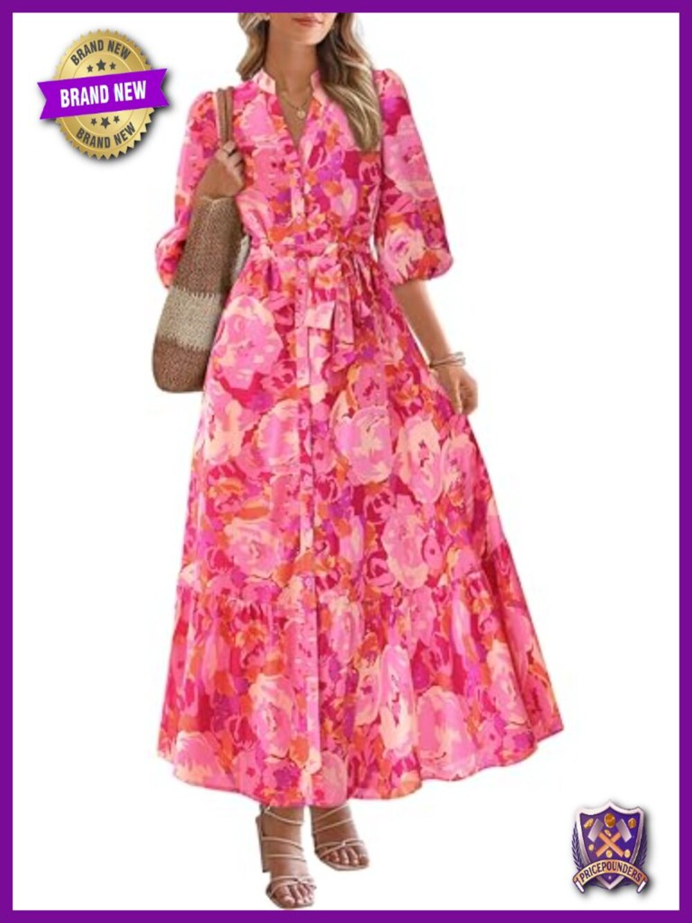 Women's Floral Maxi Dress V-Neck 3/4 Puff Sleeve Button Down Tie Waist Long